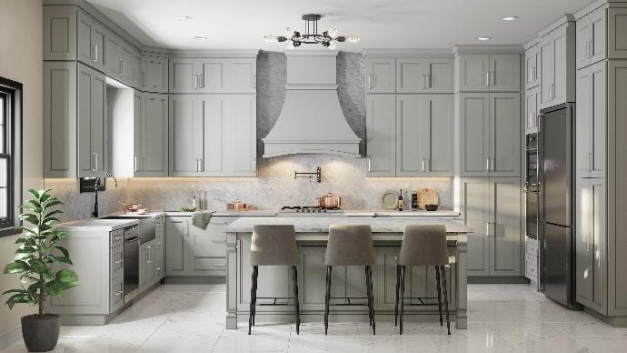 A modern kitchen featuring gray cabinets and white countertops, showcasing a clean and contemporary design.
