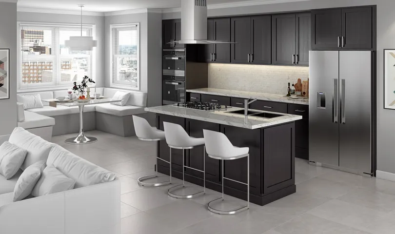 Partial-overlay doors with wider spaces between doors and drawers

Shaker door style with slab drawer front

Sturdy all-wood cabinets