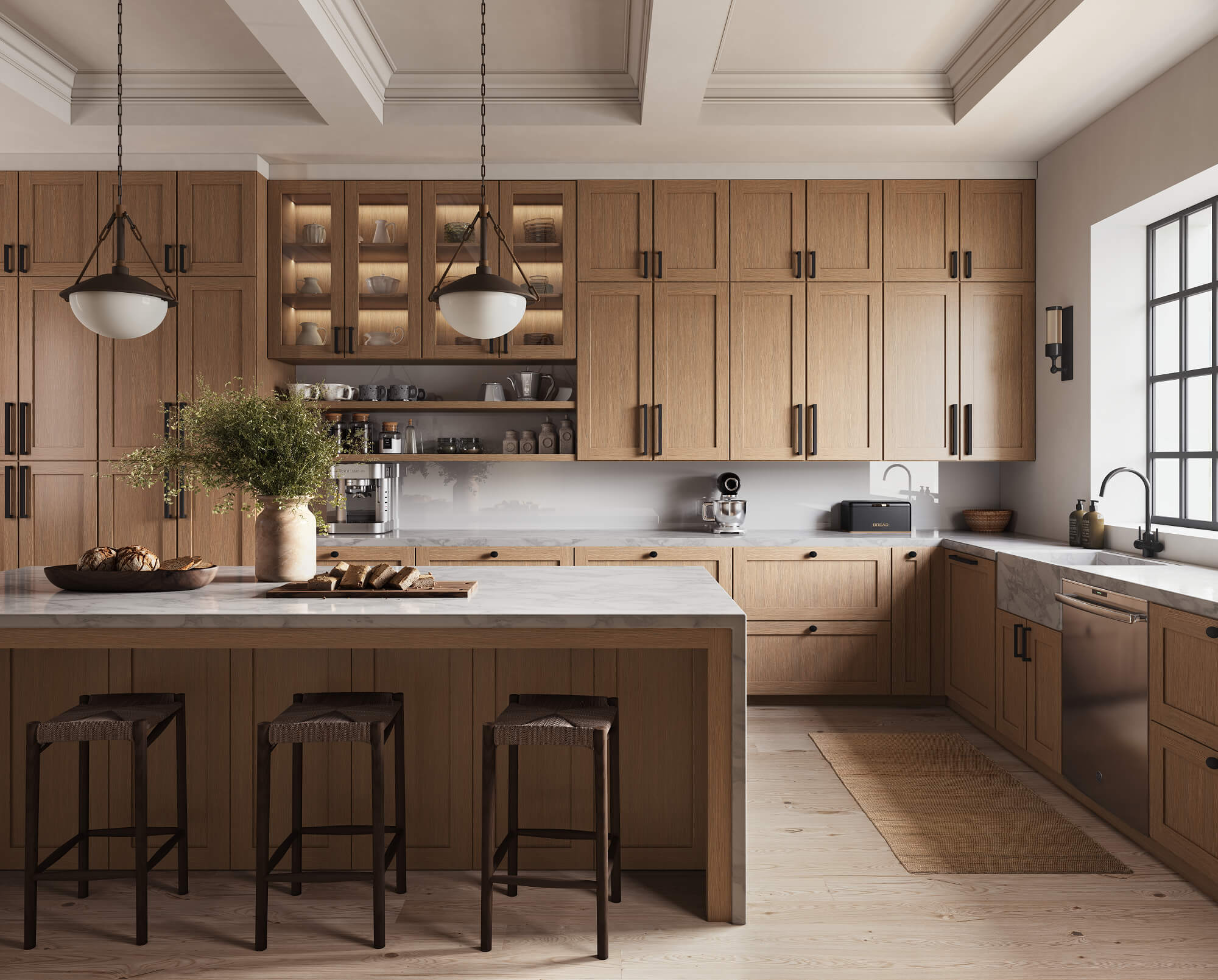 A modern kitchen featuring wooden cabinets and a spacious center island for cooking and dining.